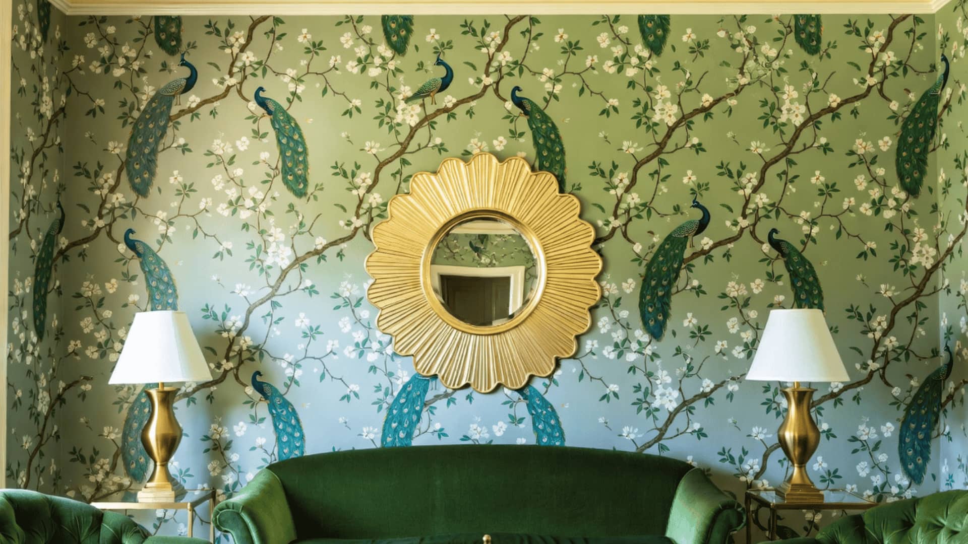 hollywood regency living room with sage green chinoiserie wallpaper, gold sunburst mirror, and emerald velvet furniture