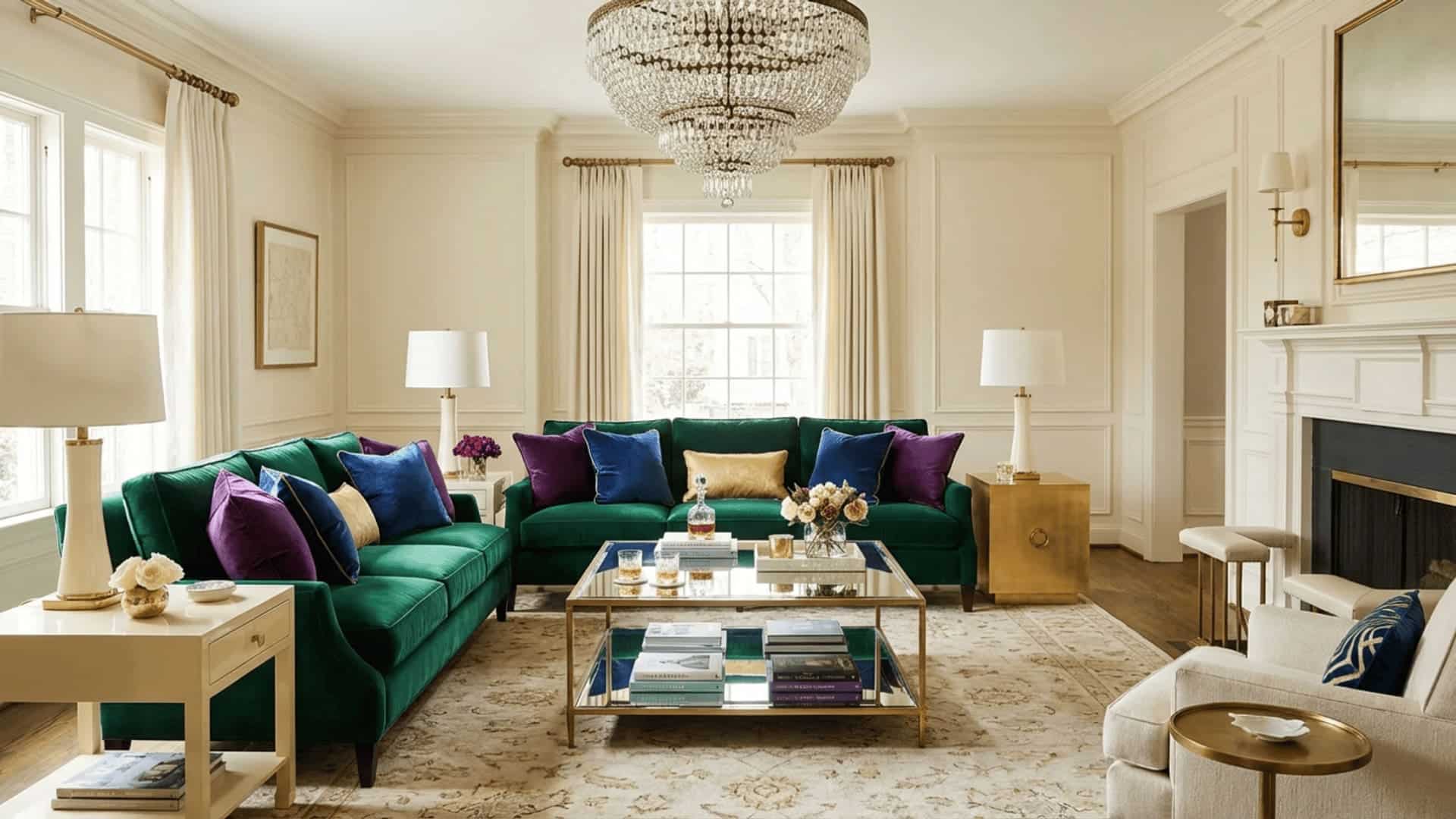 hollywood regency living room with velvet sofa, mirrored coffee table, crystal chandelier, and jewel-tone accents