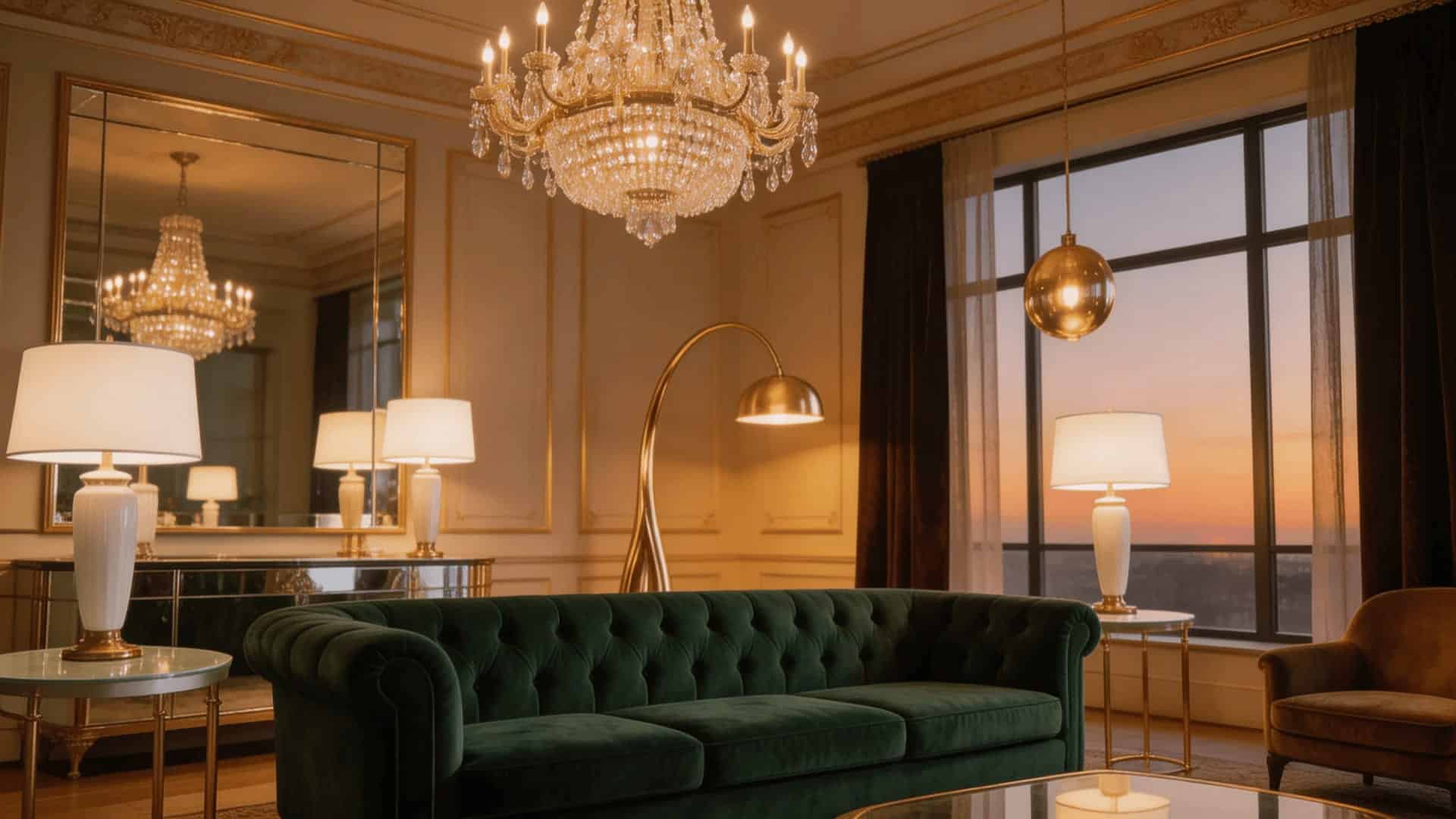 hollywood regency space with crystal chandelier, brass lamps, and layered lighting creating dramatic ambiance