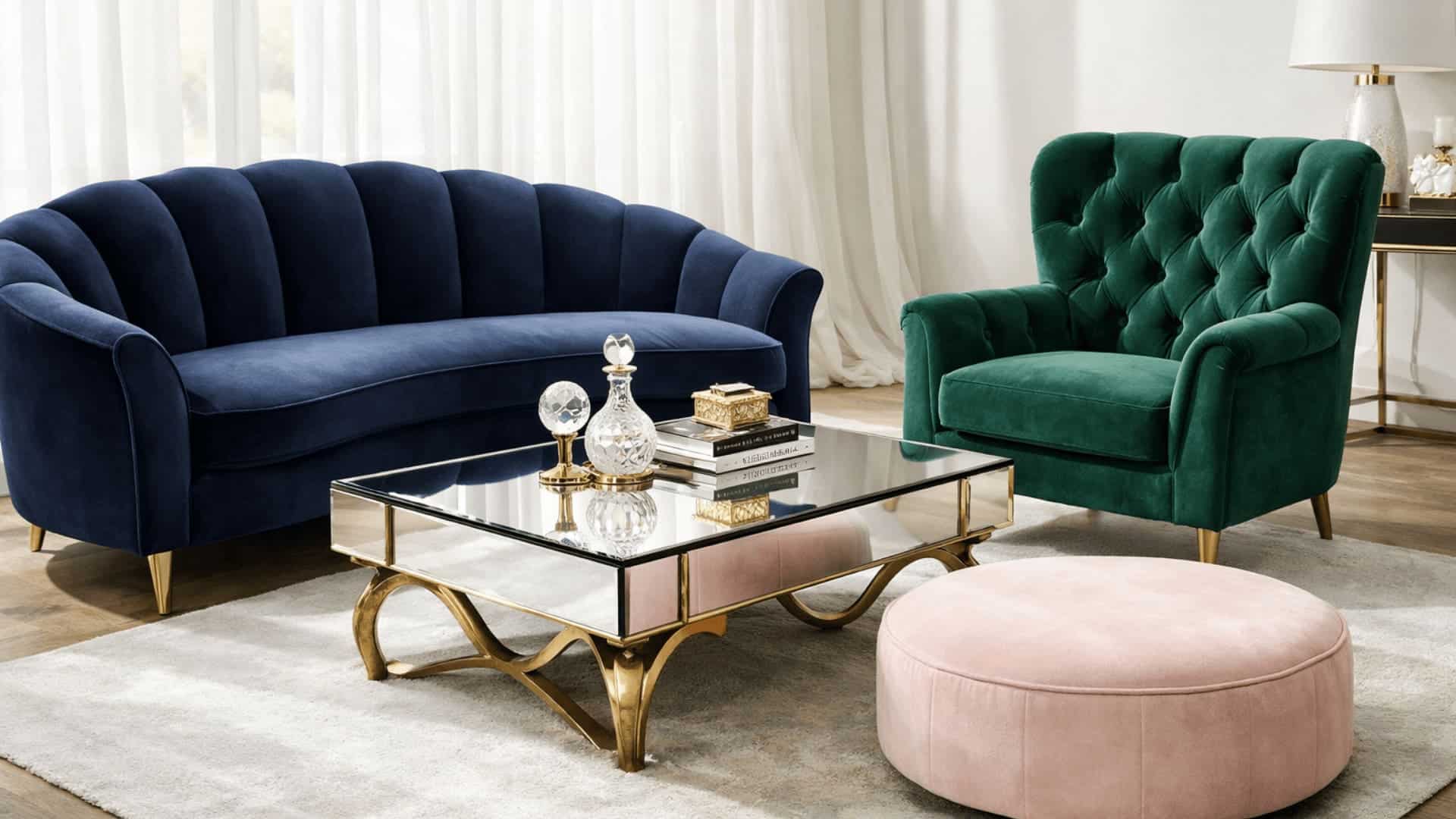 hollywood regency style with navy velvet sofa, green tufted armchair, blush ottoman, and brass table
