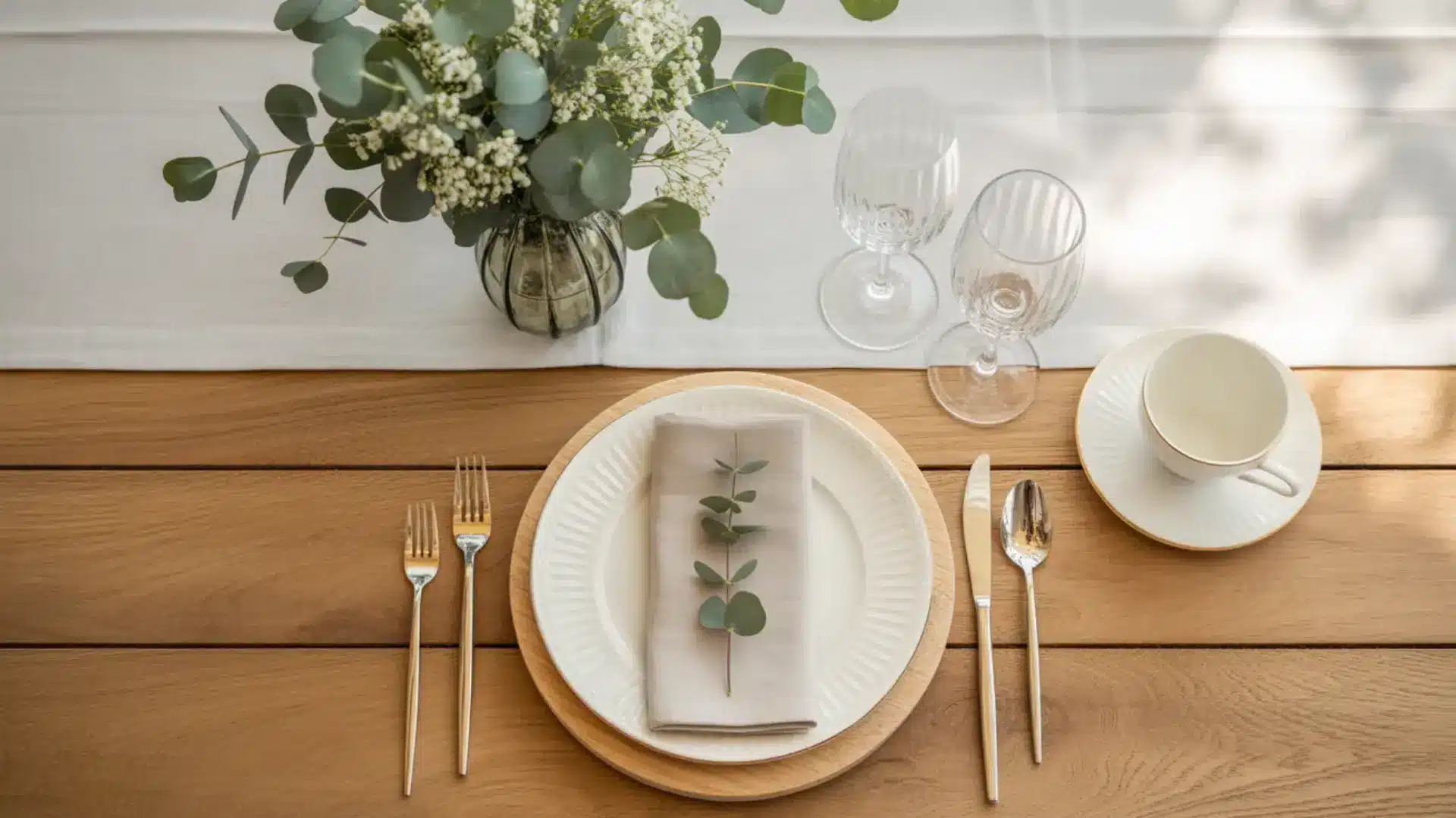 how to set a table properly with a white plate, napkin, silver cutlery, and glasses on a wooden table with greenery