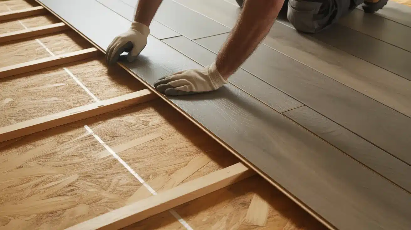 installer wearing gloves placing vinyl plank flooring perpendicular across exposed wooden floor joists