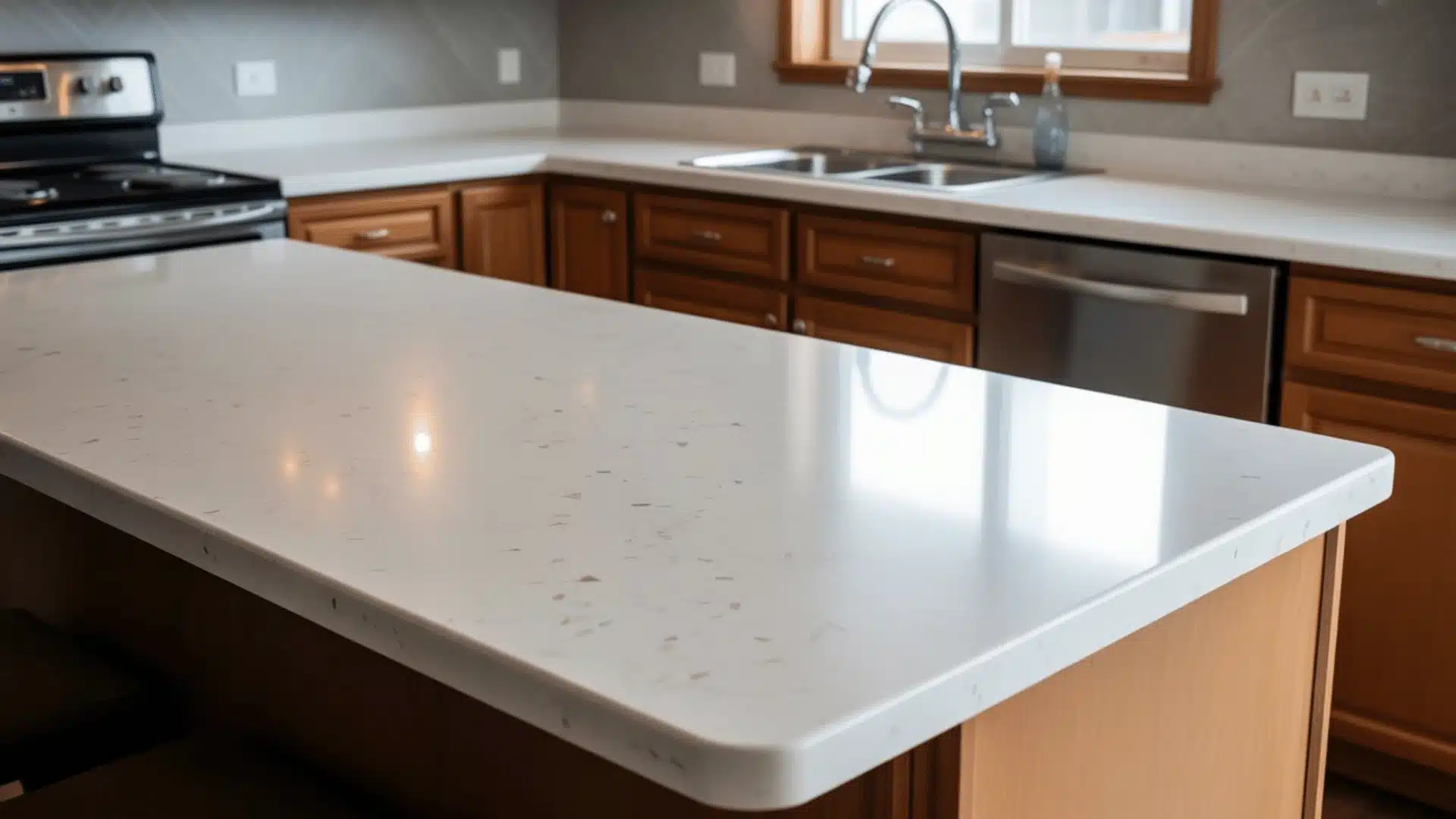 interior with white quartz countertops featuring a speckled pattern of small dark and light inclusions throughout