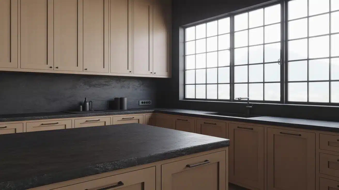 kitchen with beige cabinets, dark stone countertops, large window, black backsplash wall, center island, and modern sink