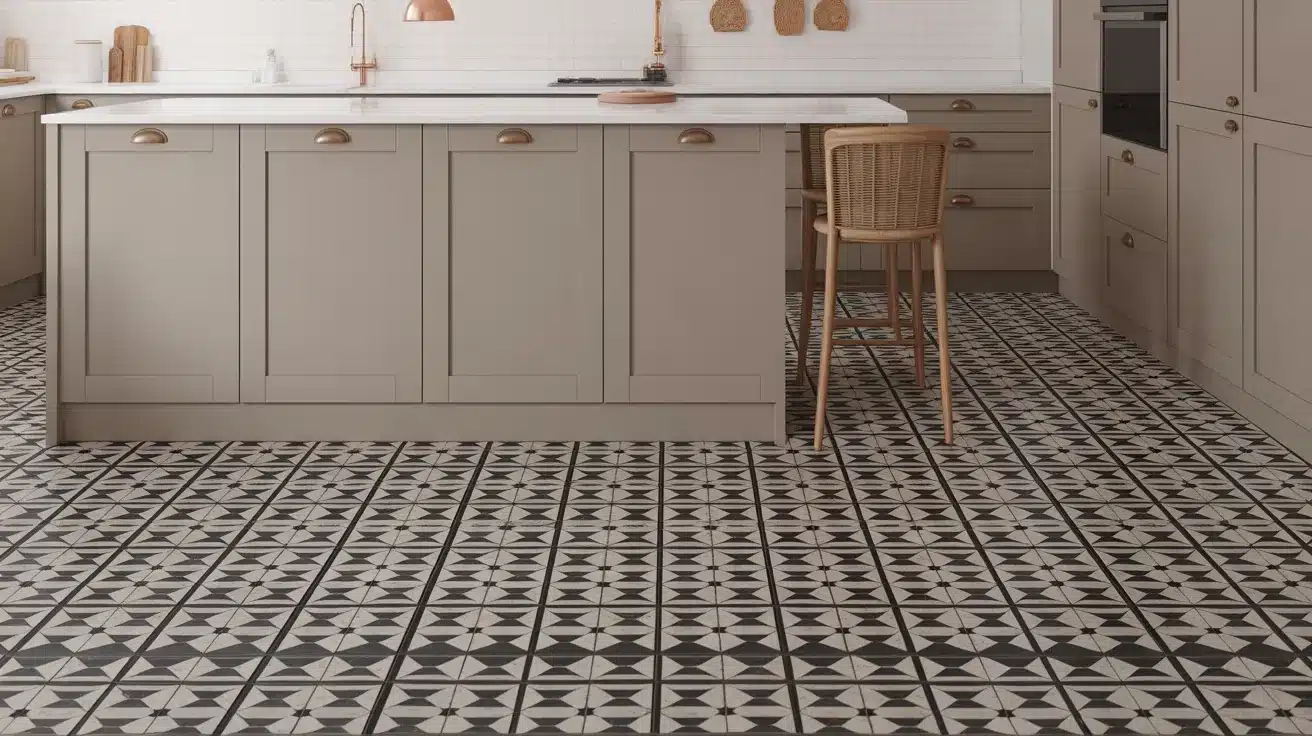 kitchen with beige cabinets, white island countertop, brass hardware, stool, copper fixtures, and patterned tile floor
