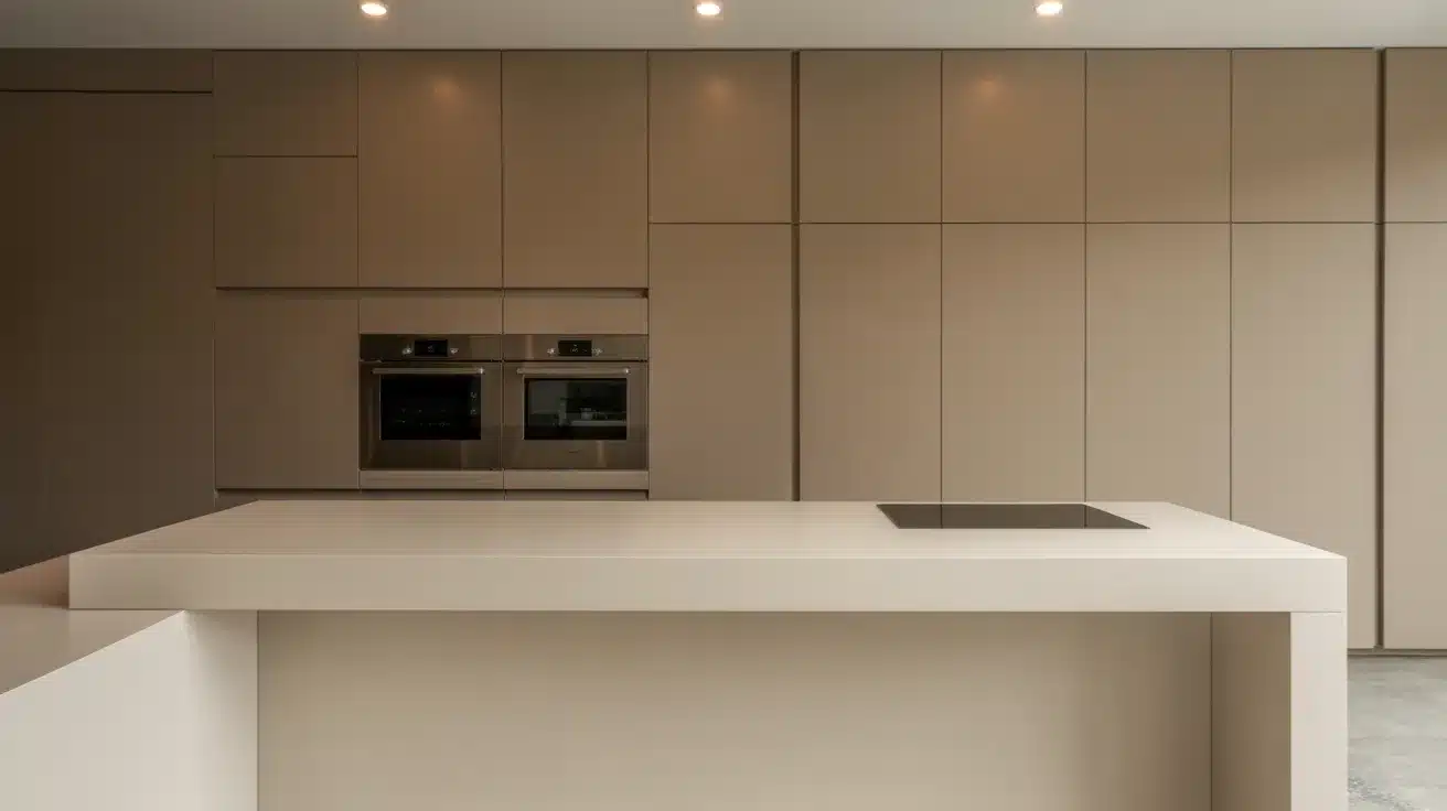 kitchen with beige flat-panel cabinets, built-in stainless ovens, large white island, smooth cooktop, and ceiling lights