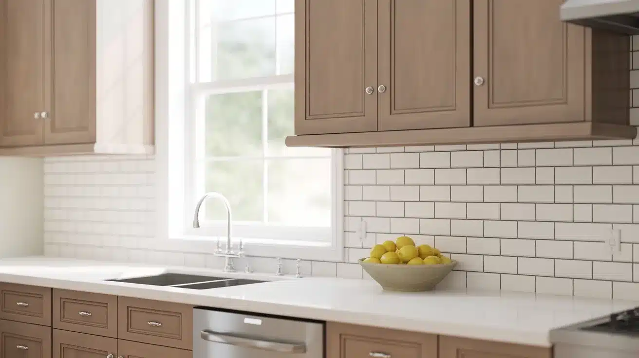 kitchen with brown cabinets, white tile backsplash, large window, farmhouse sink, dishwasher, and bowl of lemons