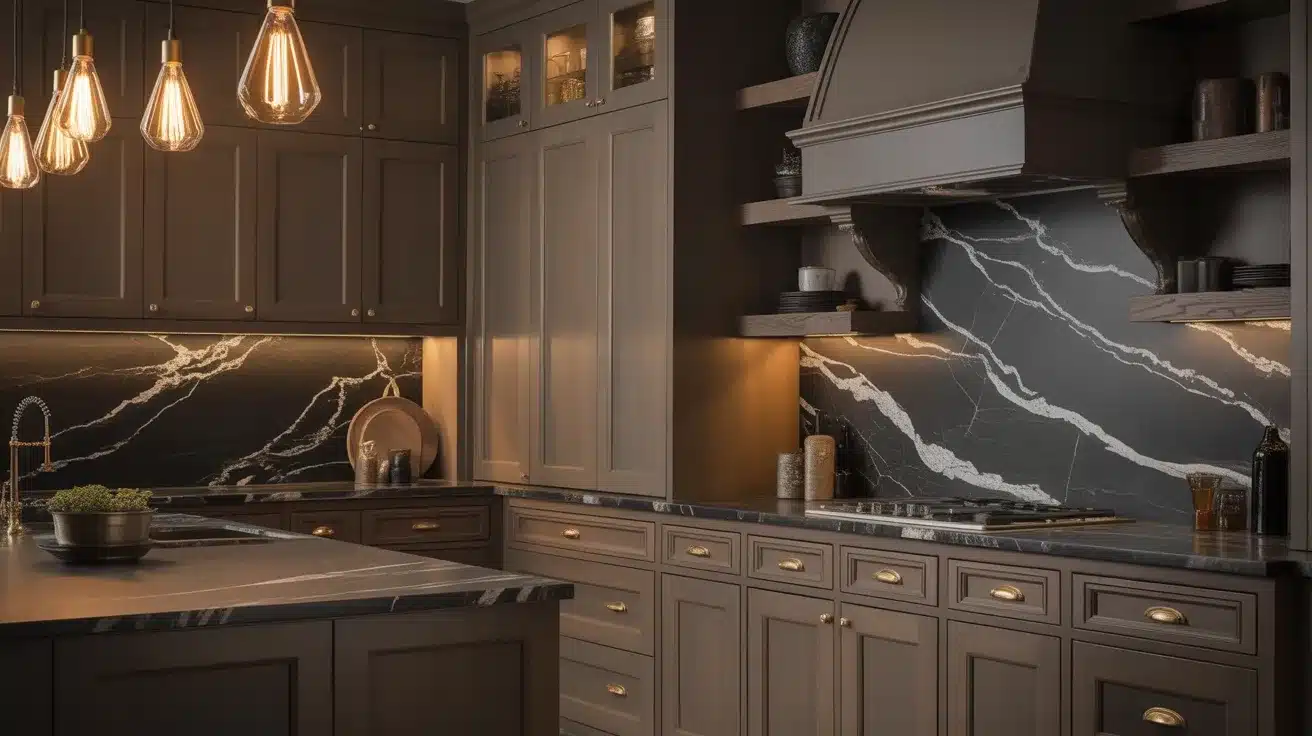kitchen with dark cabinets, black marble backsplash, warm pendant lights, brass hardware, and island counter