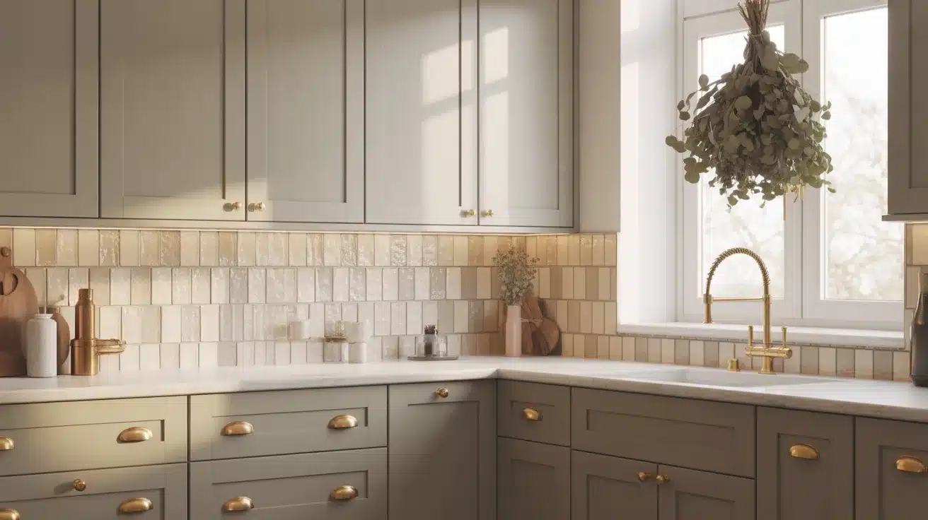 kitchen with gray cabinets, beige tile backsplash, brass hardware, white countertop, window sink, and hanging greenery