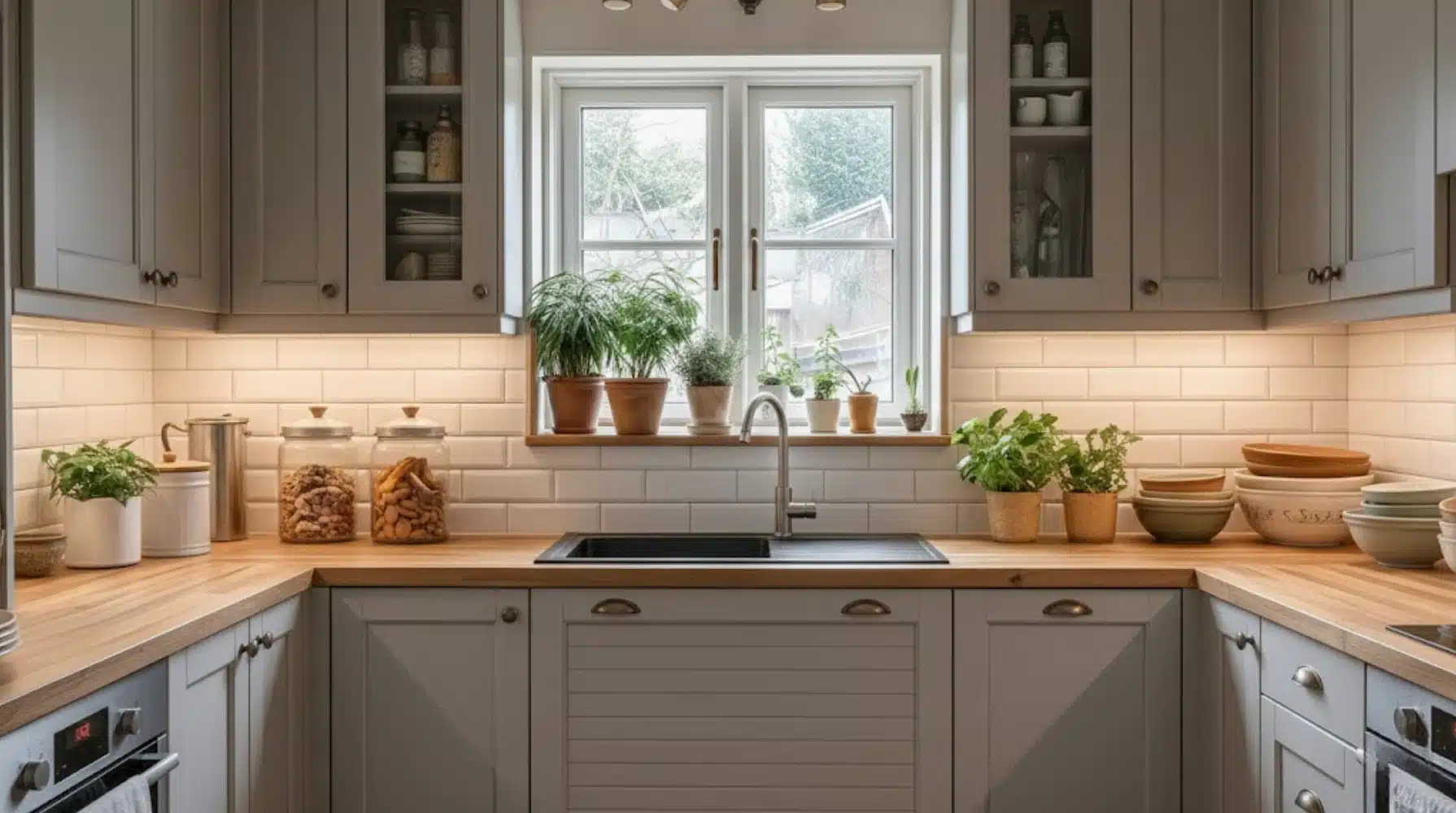 kitchen with gray cabinets, wooden countertops, white tile backsplash, sink, potted plants, and neatly stacked bowls