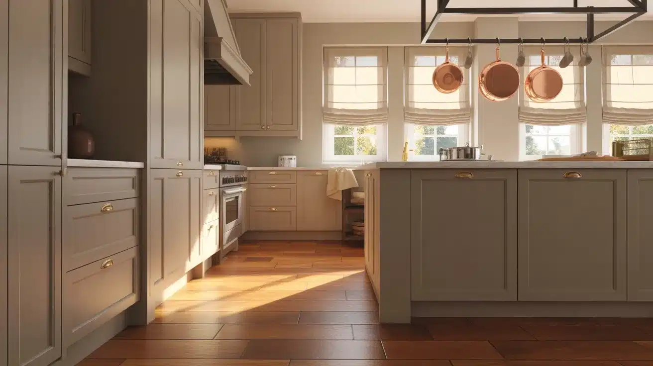 kitchen with green cabinets, white tile backsplash, under cabinet lighting, marble island countertop, and vase of flowers