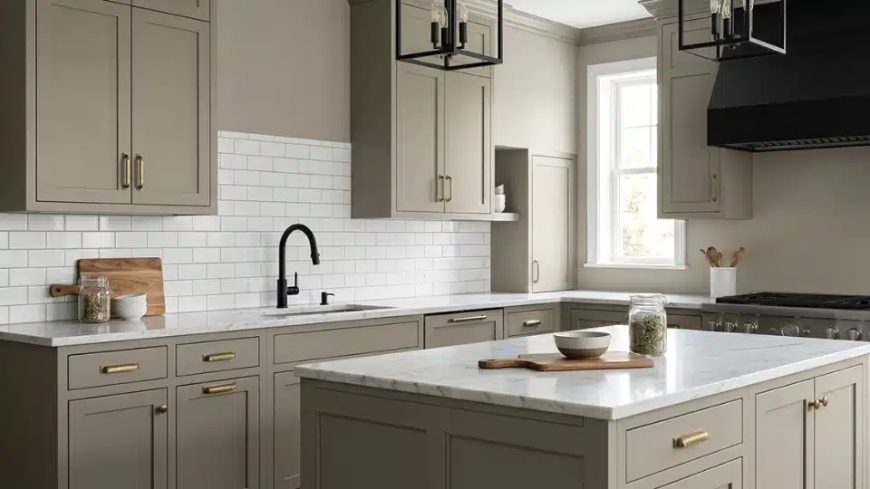 kitchen with rockport gray cabinets, white marble countertops, and brass hardware