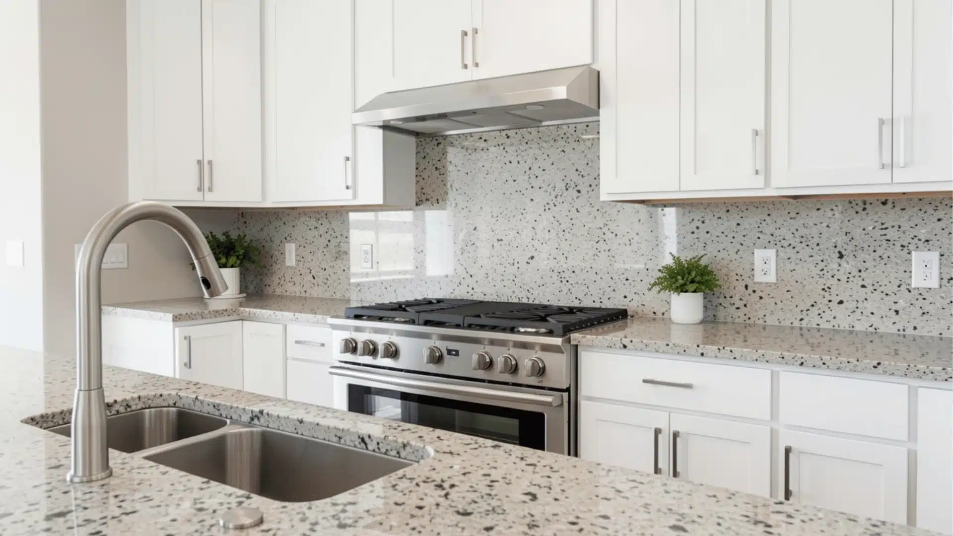 kitchen with white cabinets, granite countertop, stainless steel stove, speckled tile backsplash, foreground stainless faucet