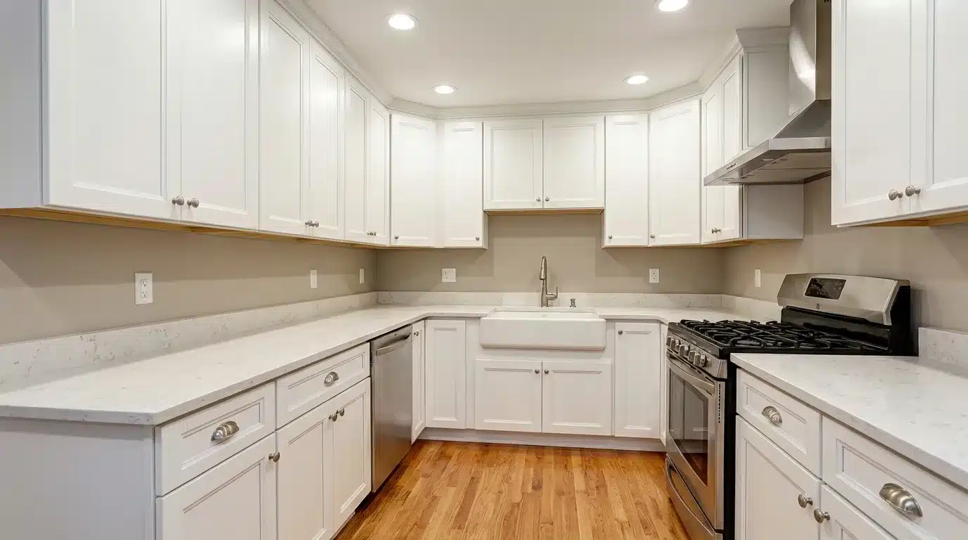 kitchen with white cabinets, sink, stainless steel stove, marble countertops, recessed lighting, and warm wood flooring
