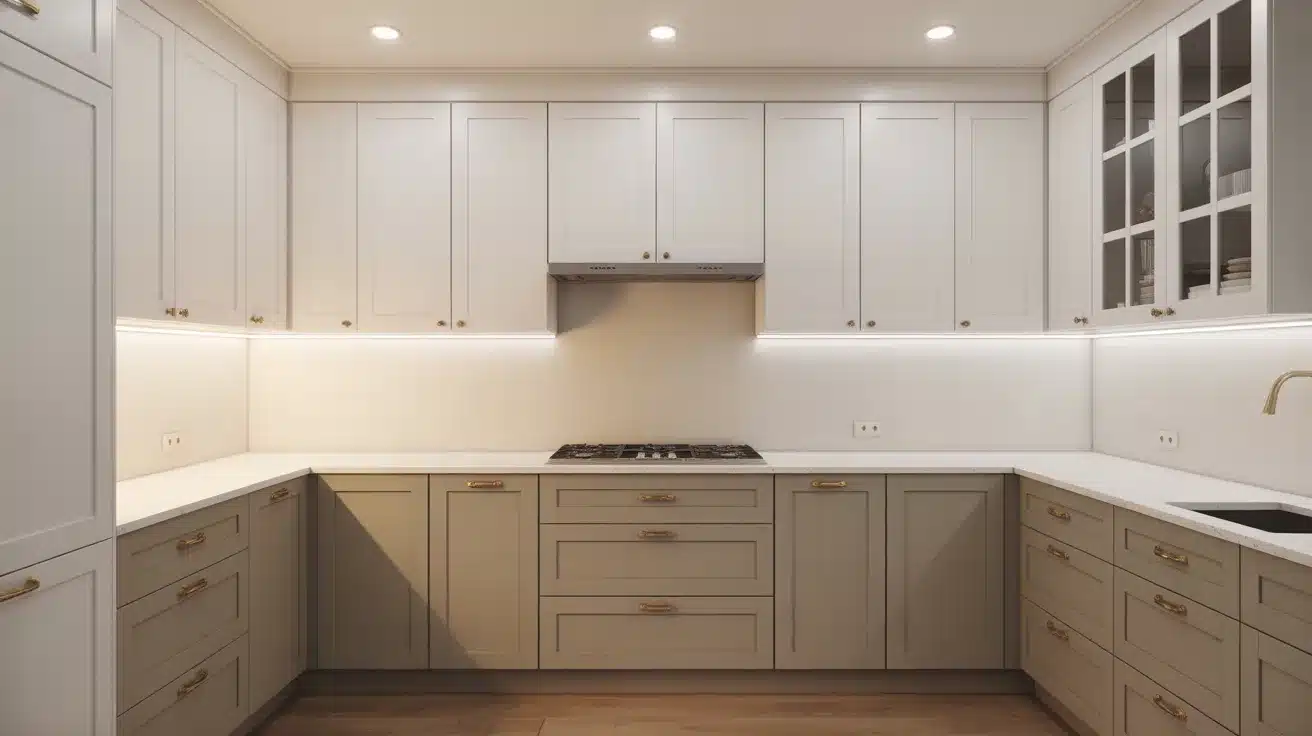 kitchen with white upper cabinets, beige lower cabinets, brass hardware, under cabinet lighting, and cooktop center