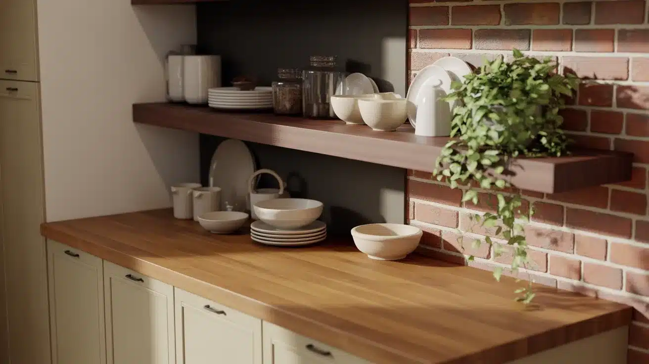 kitchen with wooden countertop, open wood shelves, white dishes, glass jars, brick backsplash, and hanging green plant
