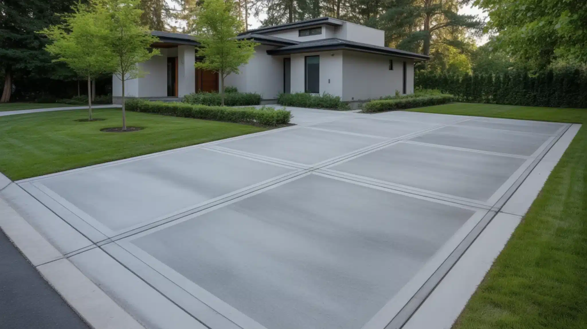 large concrete slab driveway with grid lines in front of modern white home surrounded by green lawn