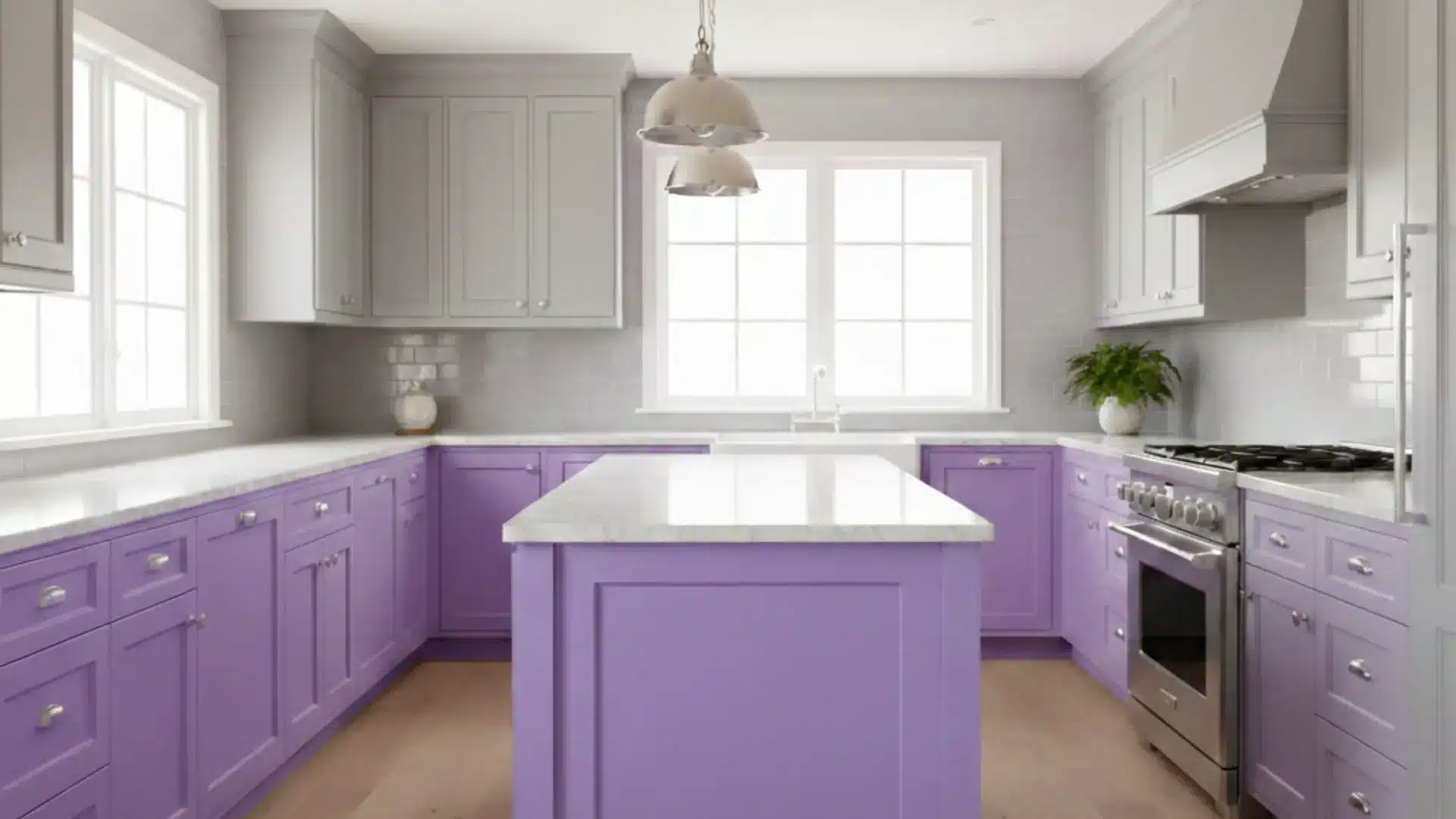 lavinder and grey kitchen with a purple center island, marble countertops, and silver industrial pendant lights