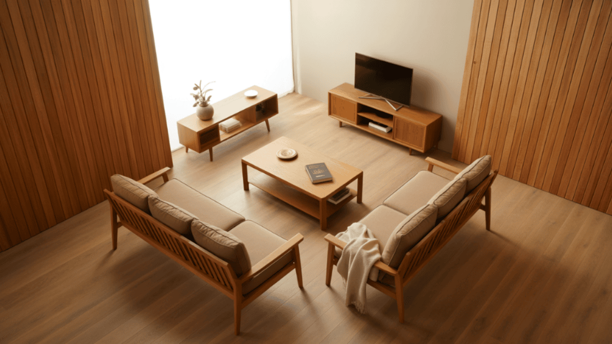 living room interior where wood covers walls, floor and furniture creating a warm unified single material space