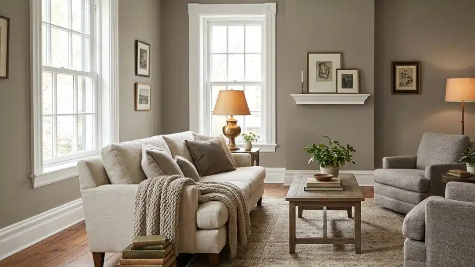 living room with rockport gray walls, cream sofa, and wood coffee table
