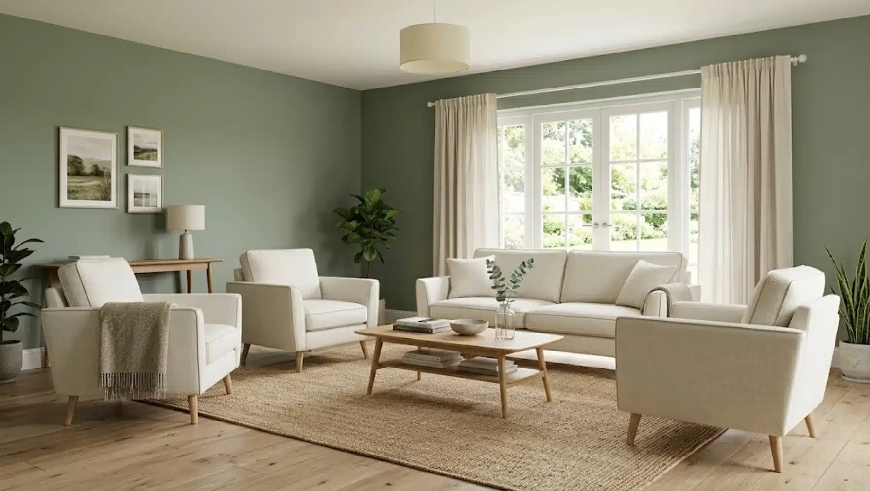 living room with sage green walls, cream sofa and chairs, table, large window, light curtains, plants, and natural decor