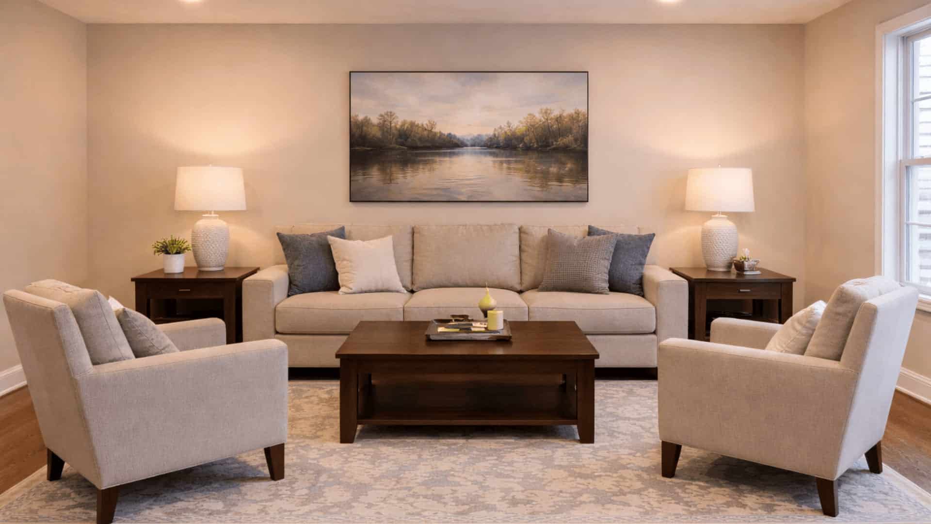 living room with sofa sized two thirds of wall and artwork scaled two thirds above it for balanced layout