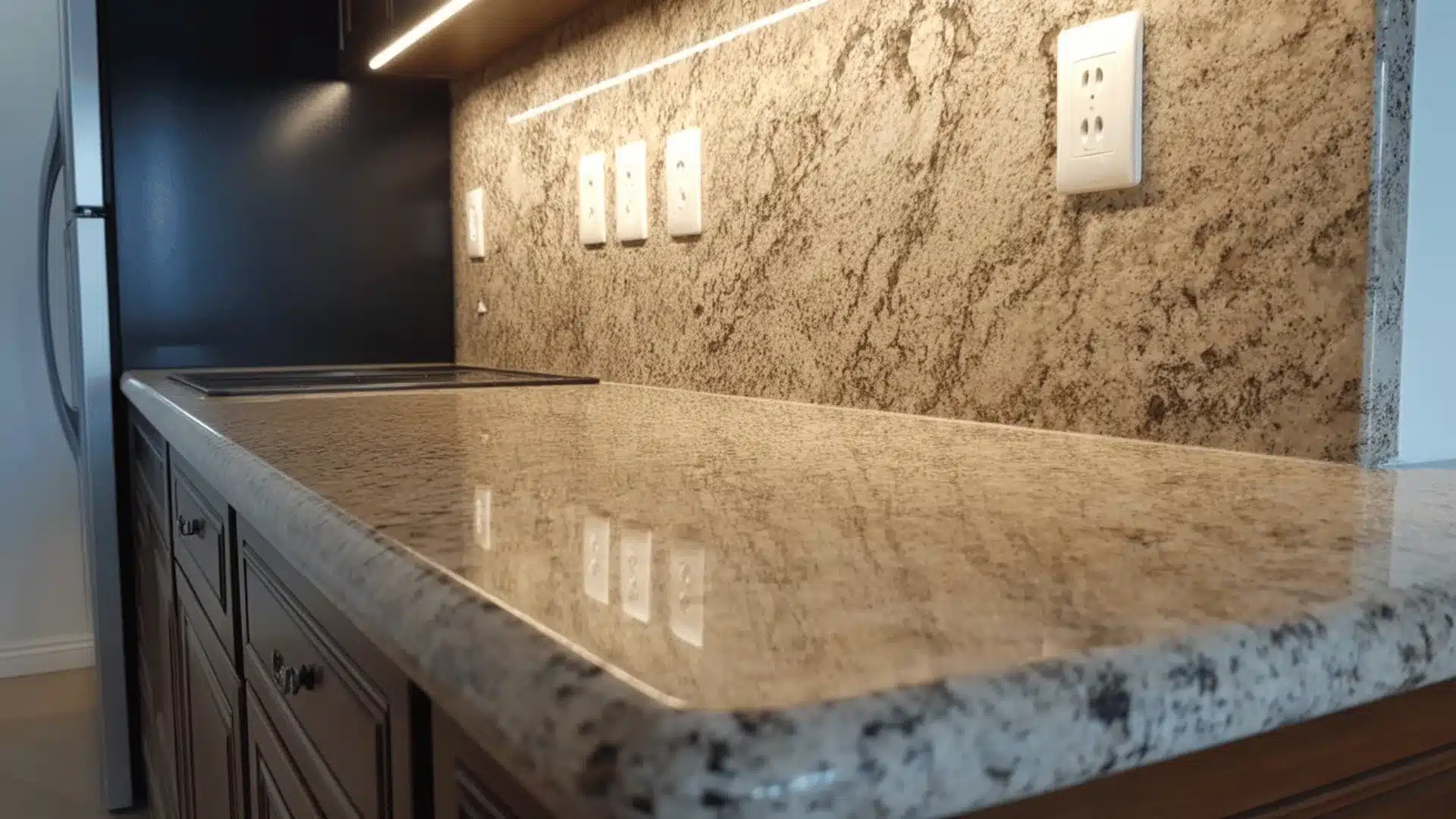 luxurious granite countertop with a polished, speckled pattern in beige, brown, and gray colors