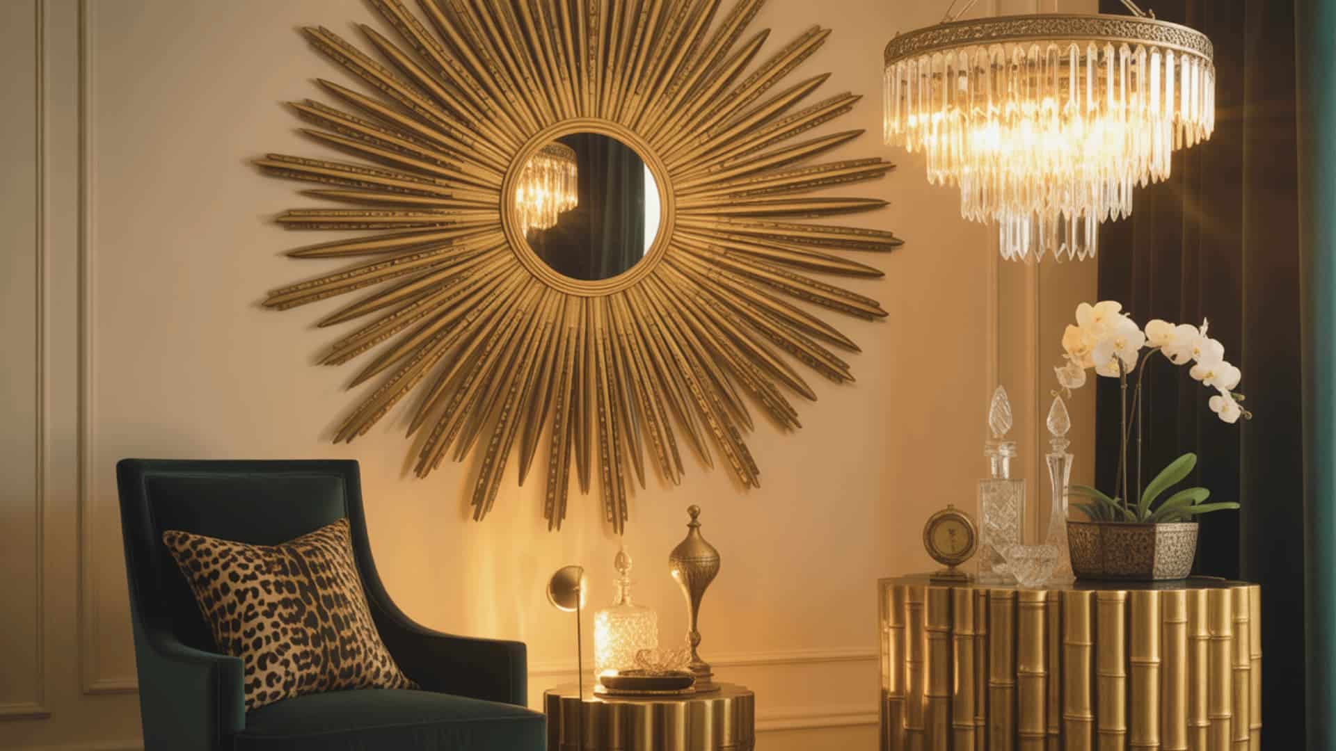 luxurious hollywood regency corner with starburst mirror, crystal chandelier, velvet chair, and gold accents.
