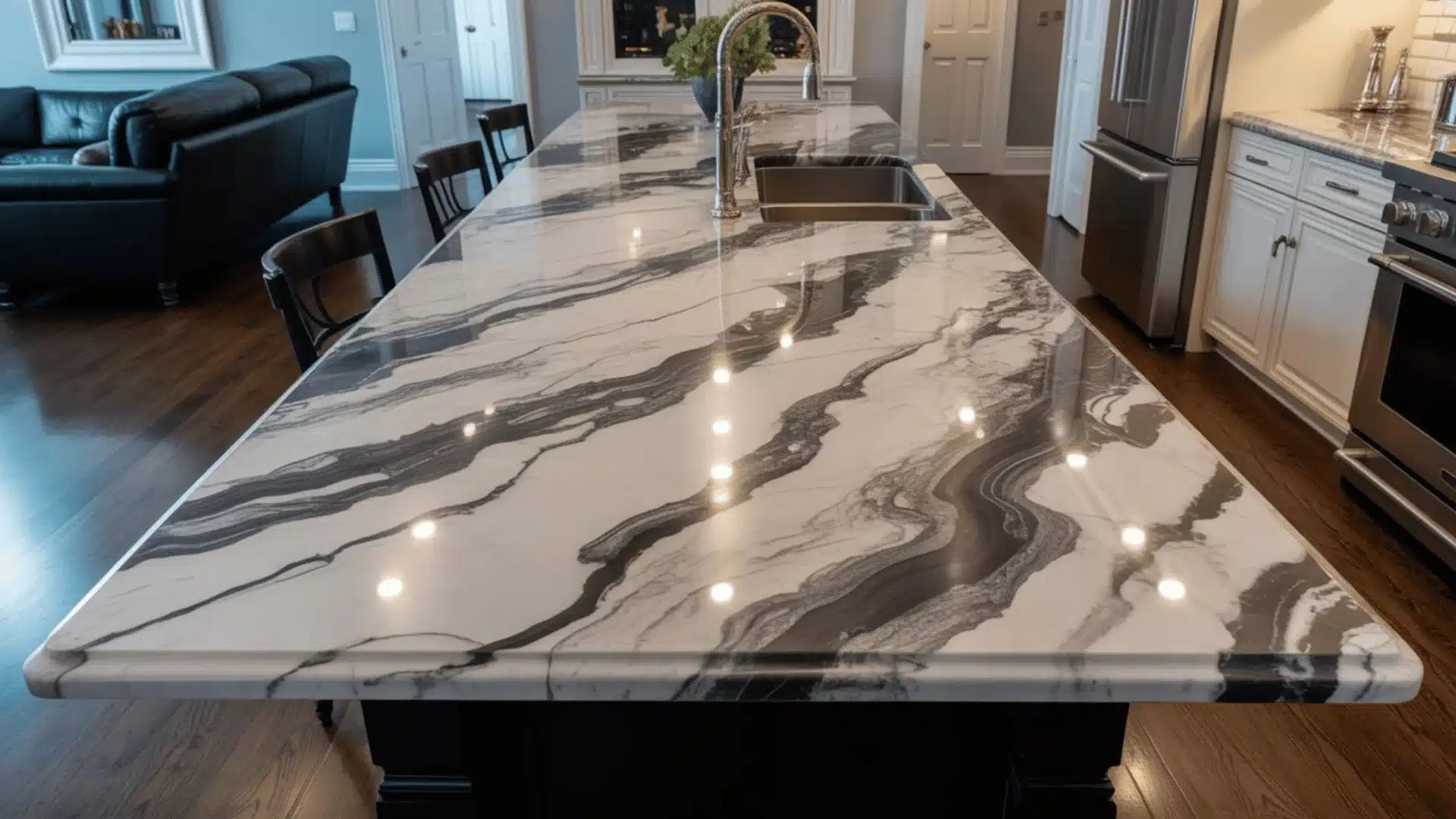 luxurious kitchen island featuring a dramatic white and gray marble countertop with black veining patterns