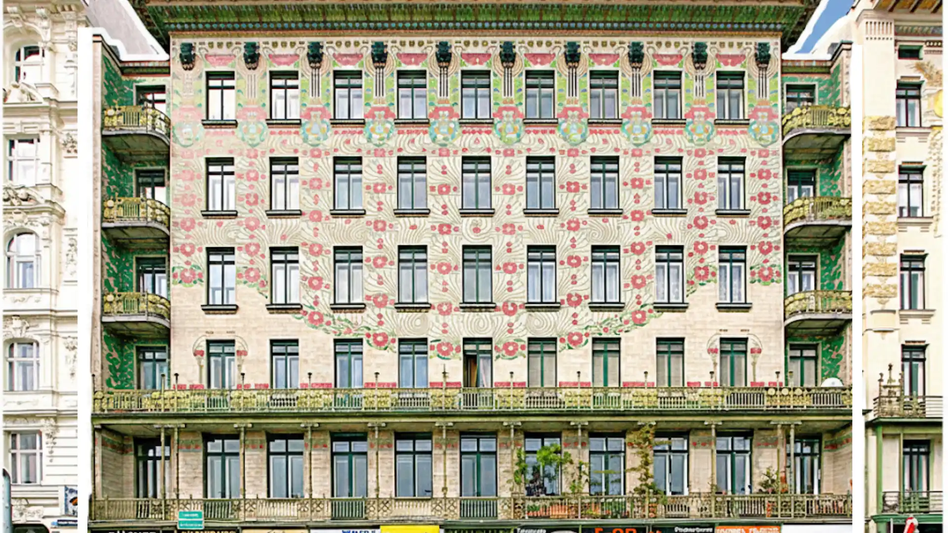 majolikahaus vienna austria shows the floral ceramic tiles and green balconies of otto wagner’s apartment building