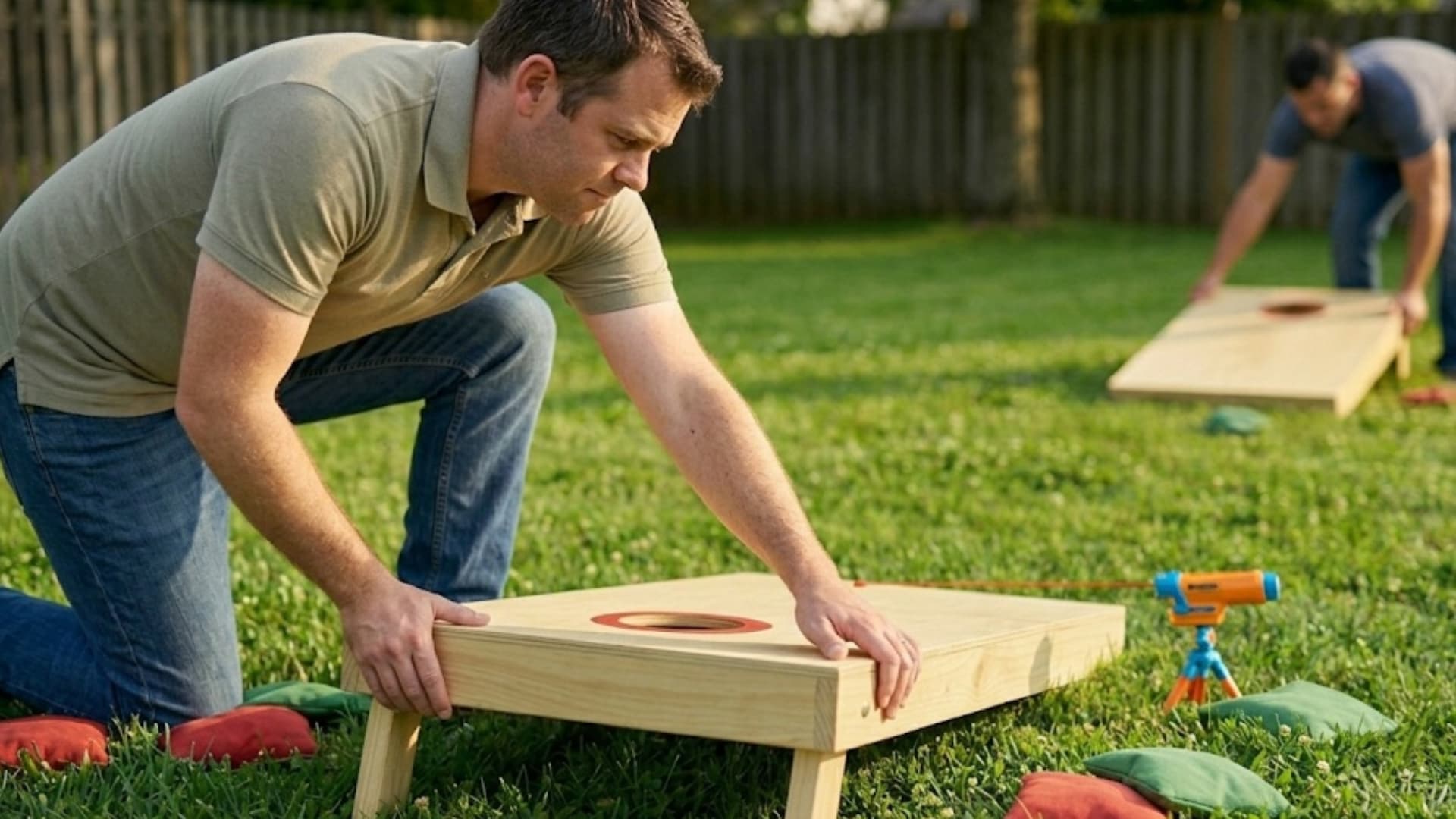 man kneels on the grass, pressing firmly on a cornhole board to ensure it is stable and doesn't rock