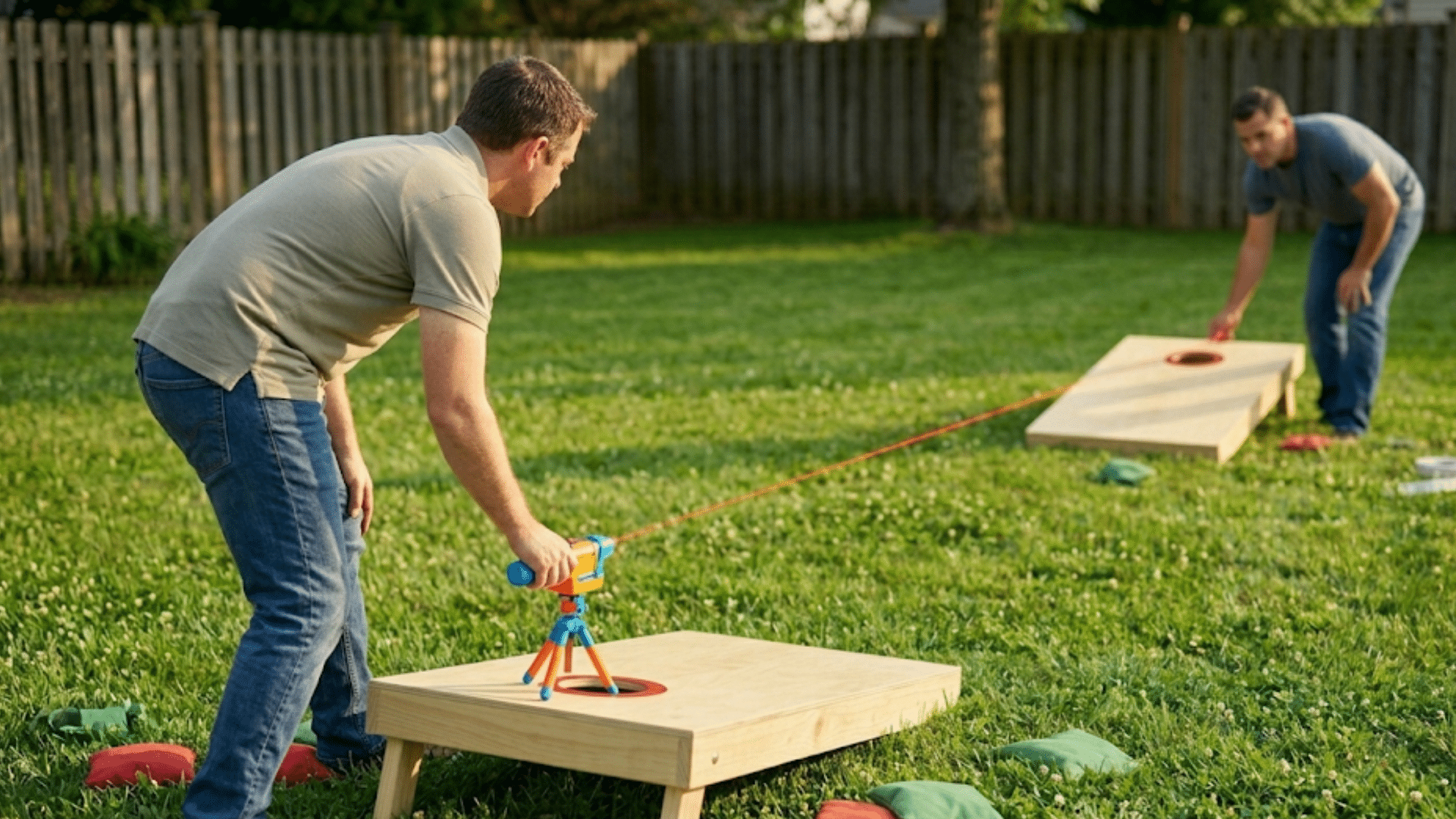 man uses a laser level to align two cornhole boards in a grassy yard while another man assists