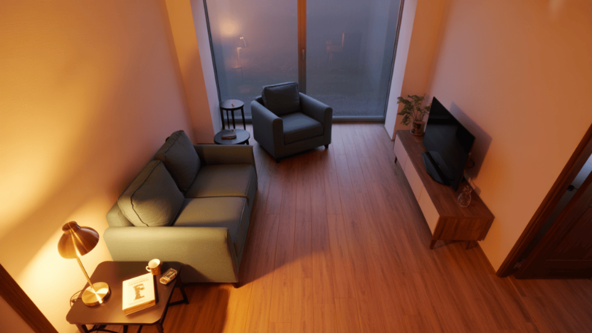 minimal living room with a tight seating cluster in one corner, soft textures and focused lighting leaving surrounding space bare