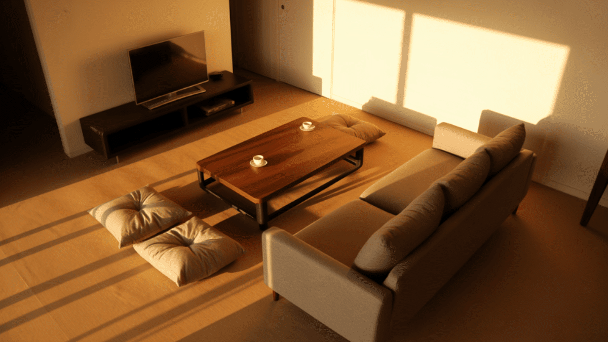 minimal living room with low sofa, floor cushions and a knee-height coffee table emphasizing horizontal space