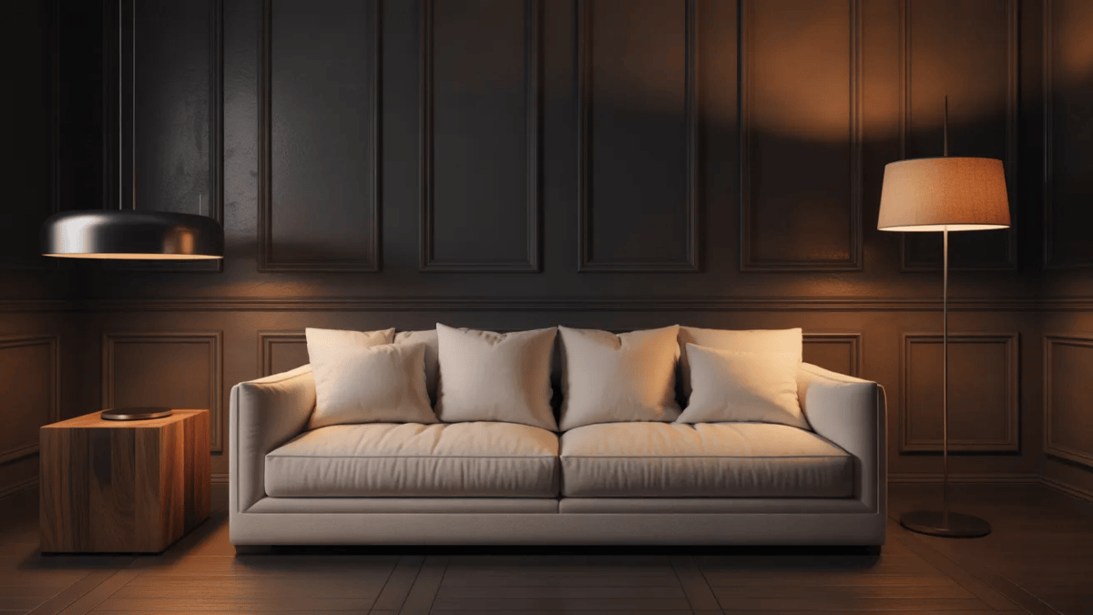minimalist living room at dusk with cove ceiling lighting and mood lightings around a beige sofa