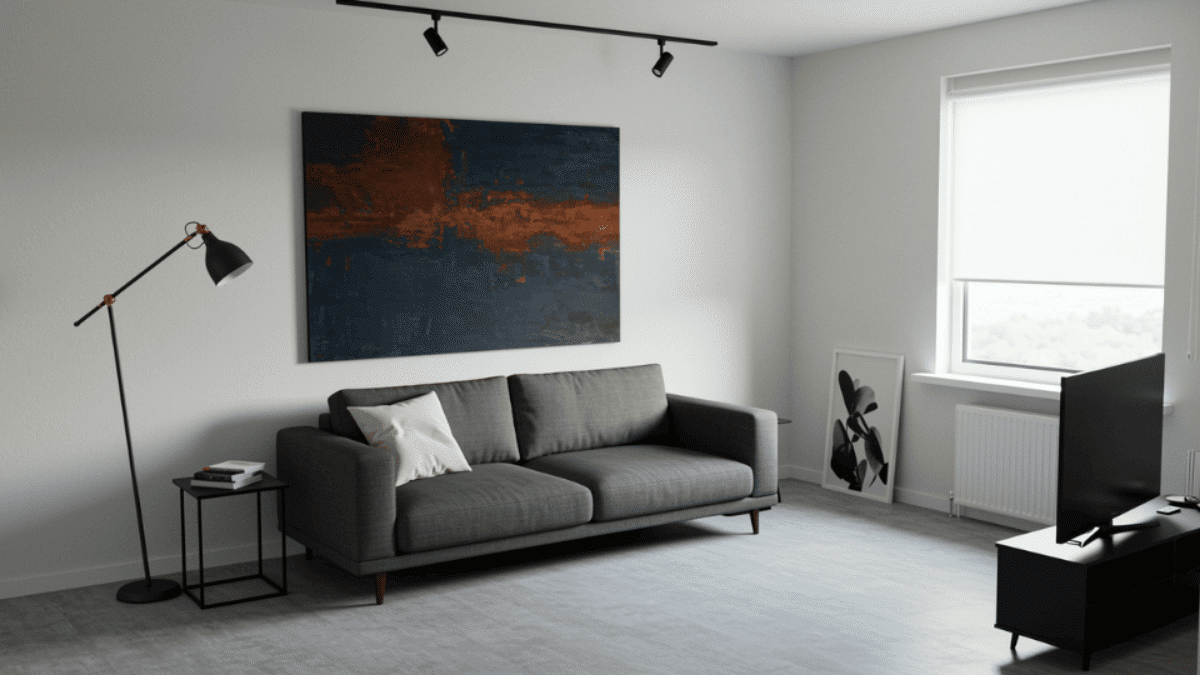 minimalist living room with one large abstract artwork above a gray sofa, lit by directional track lighting