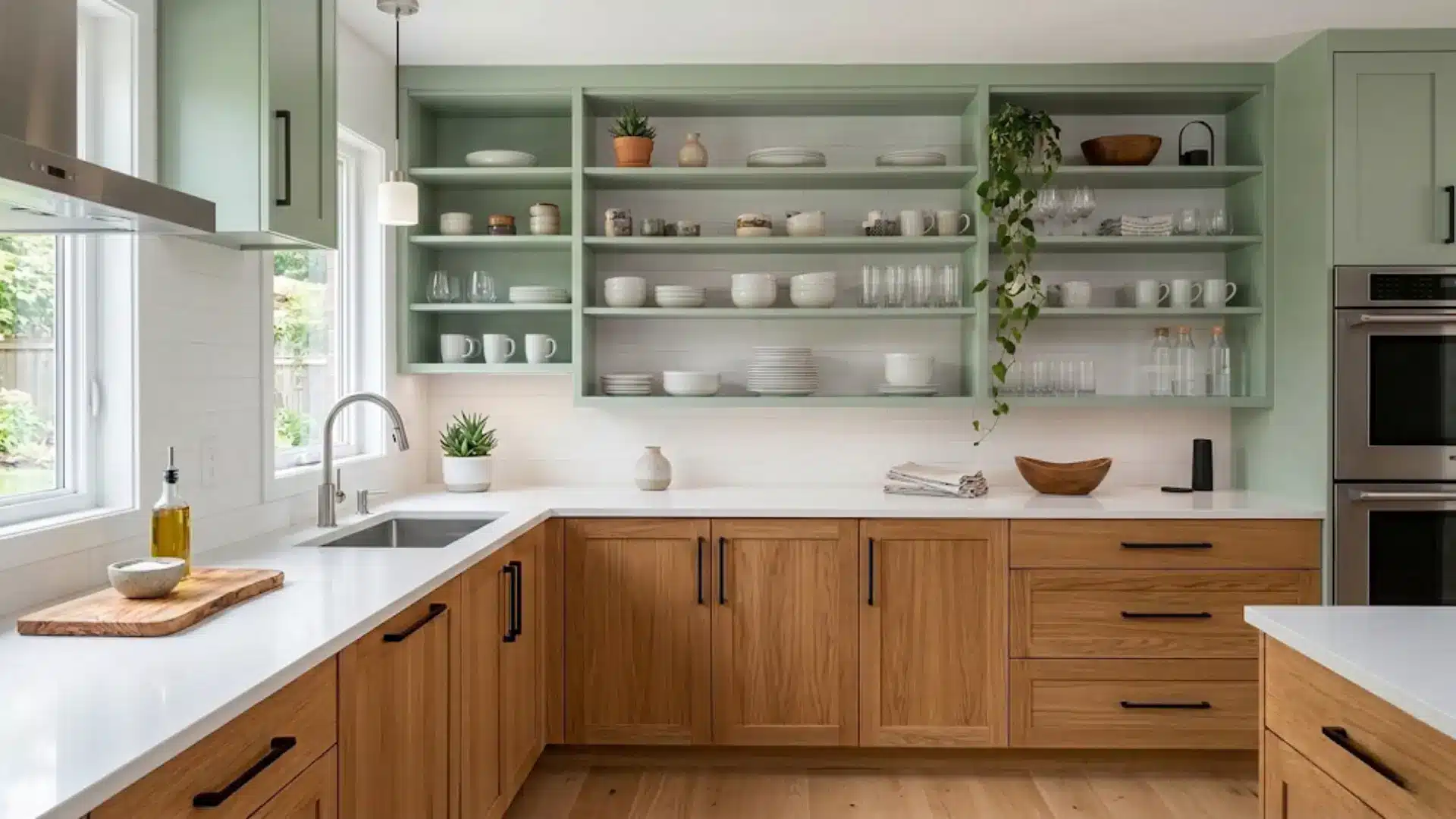 mix oak lowers with painted uppers for a modern refresh of your oak kitchen cabinets with open green shelving