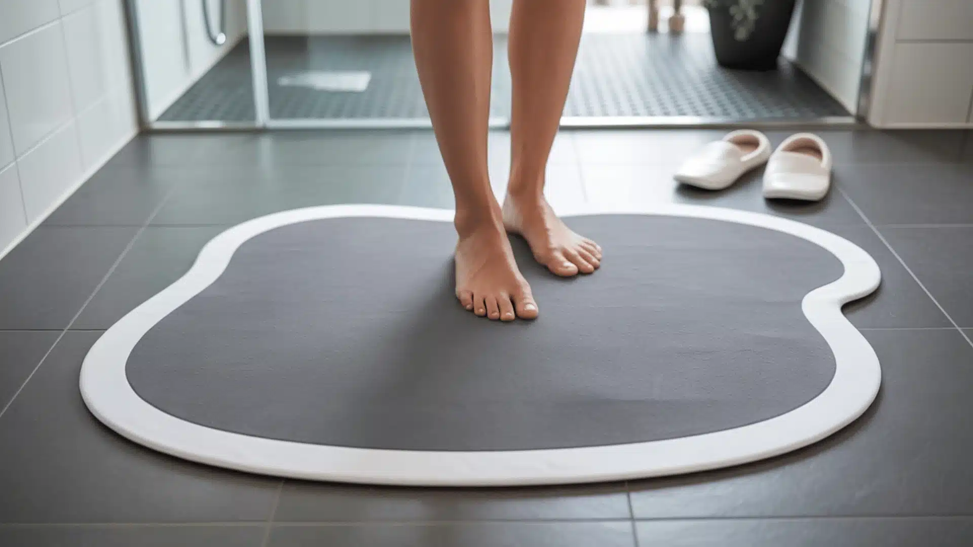 modern bathroom floor mat with a curved, organic shape in dark gray with white trim