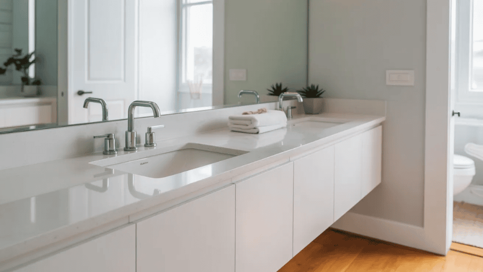modern bathroom with new white vanity sink countertop mirror and faucet in a clean renovated interior space
