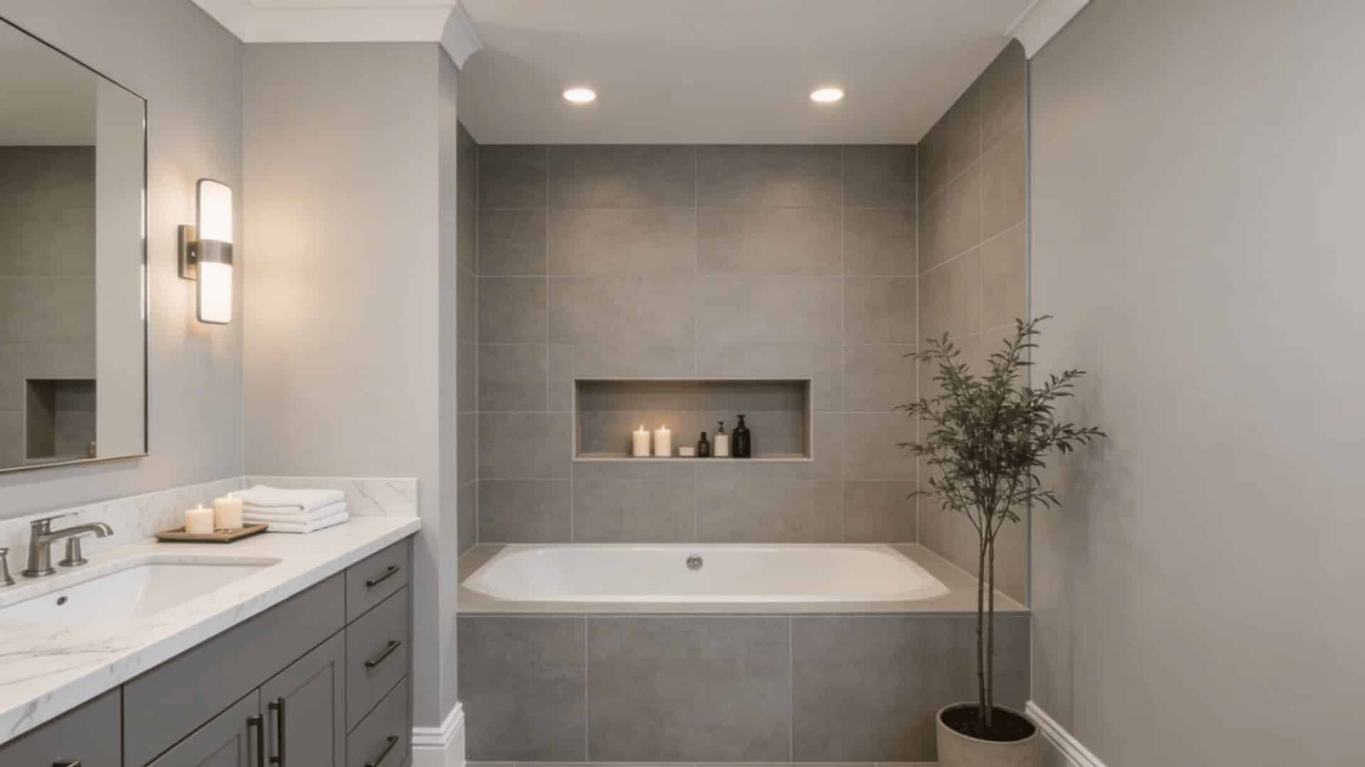 modern bathroom with repose gray walls, white countertop, built in tub, soft lighting, candles, plant, and gray vanity cabinets