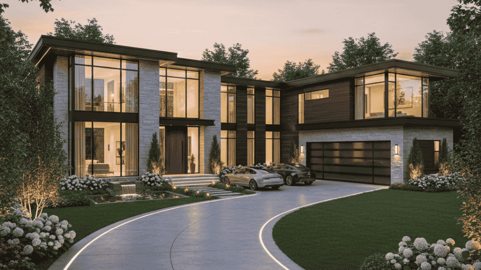 modern concrete driveway in front of contemporary single story home with clean lines