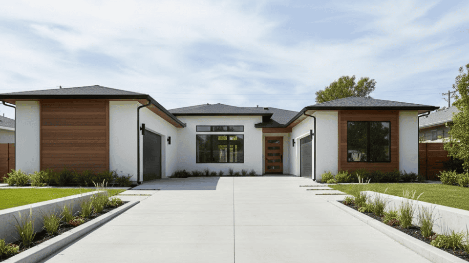 modern driveway ideas with built in concrete planters along wide driveway in front of contemporary home