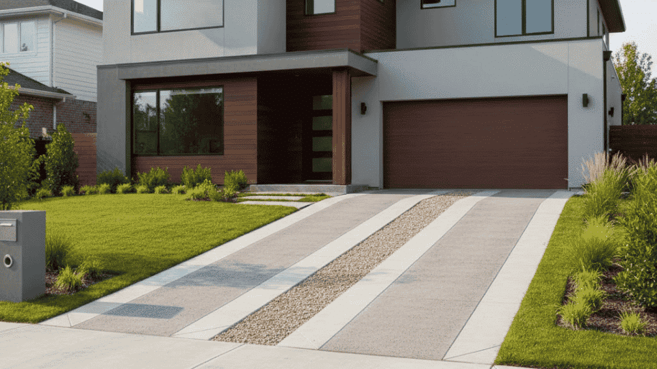 modern driveway ideas with concrete and gravel combo in front of two story contemporary home