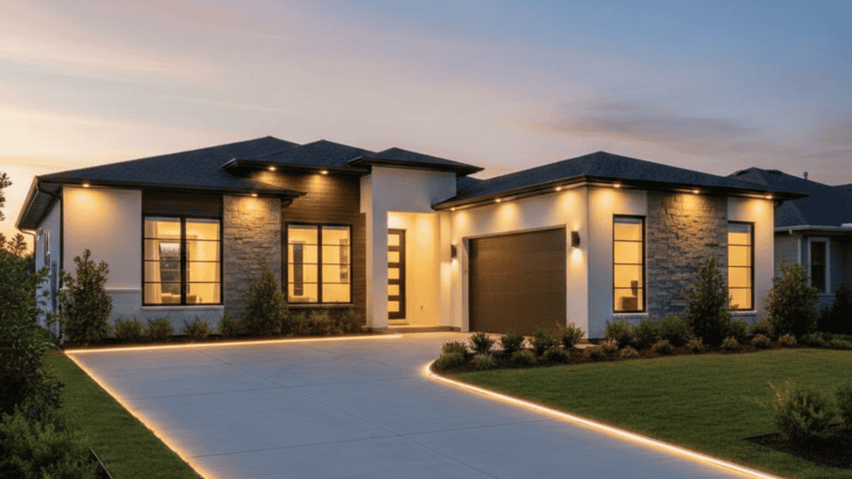 modern driveway ideas with led lit edges along concrete driveway at dusk in front of contemporary home