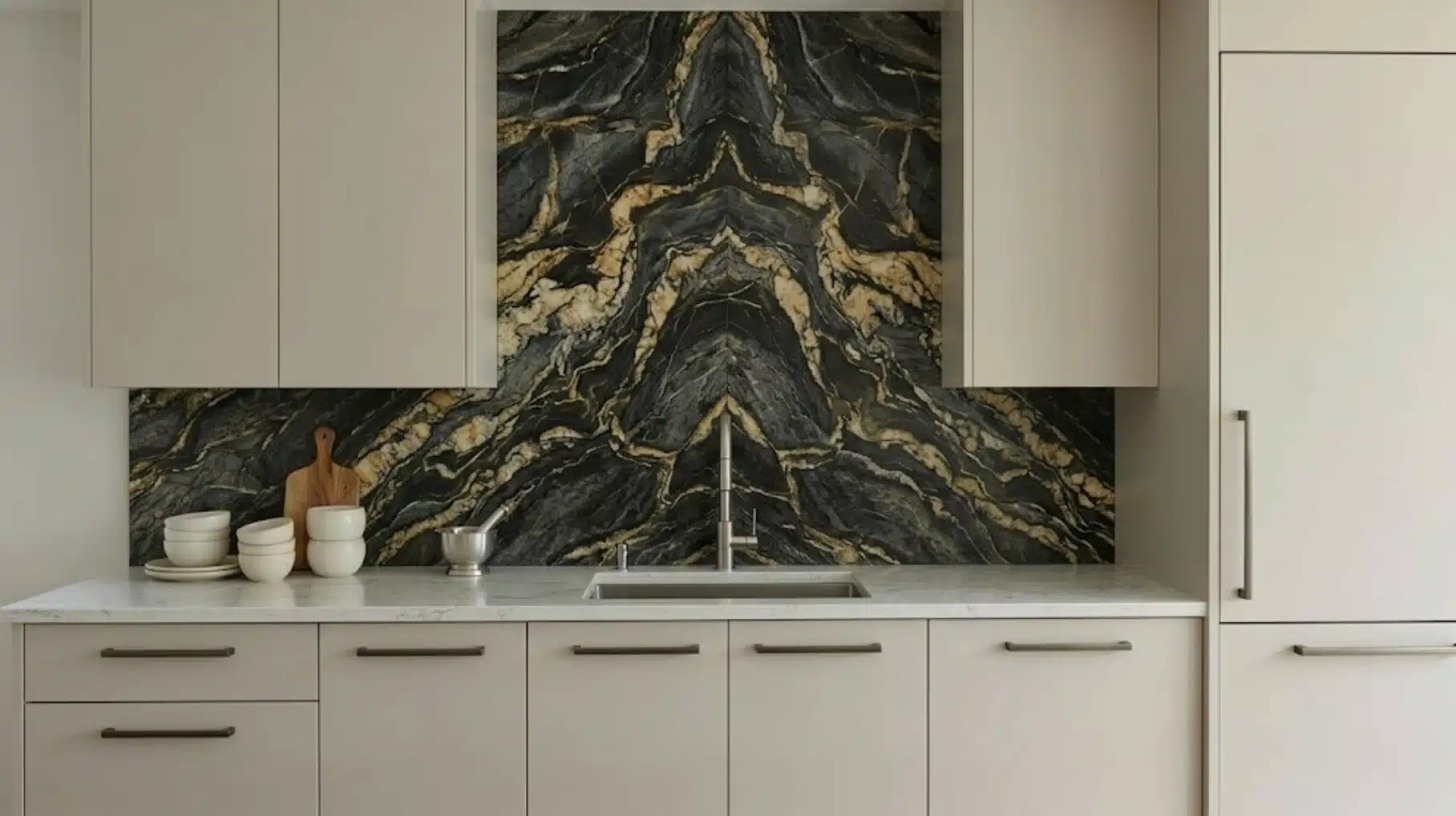 modern kitchen featuring beige cabinets, marble countertops, and a black and gold marble backsplash behind the sink