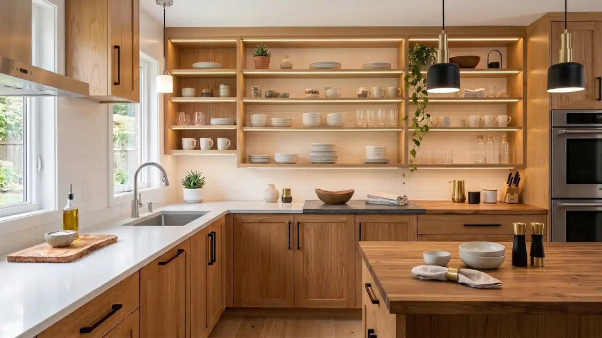 modern kitchen featuring oak kitchen cabinets and a pendant light to install modern lighting for a bright atmosphere