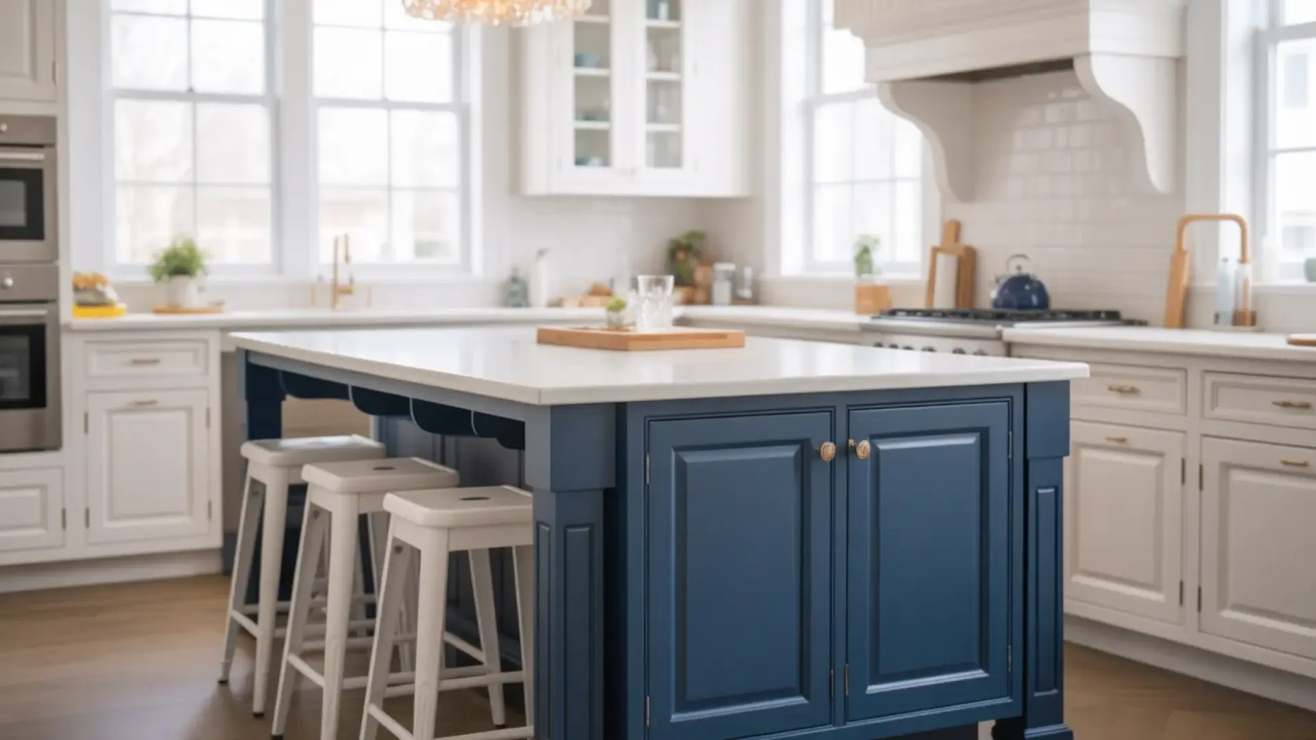 modern kitchen with a navy blue island, white cabinets and three stools under large bright windows