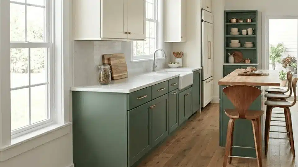 modern kitchen with lower cabinets painted in sherwin-williams rosemary green and off-white upper cabinets.