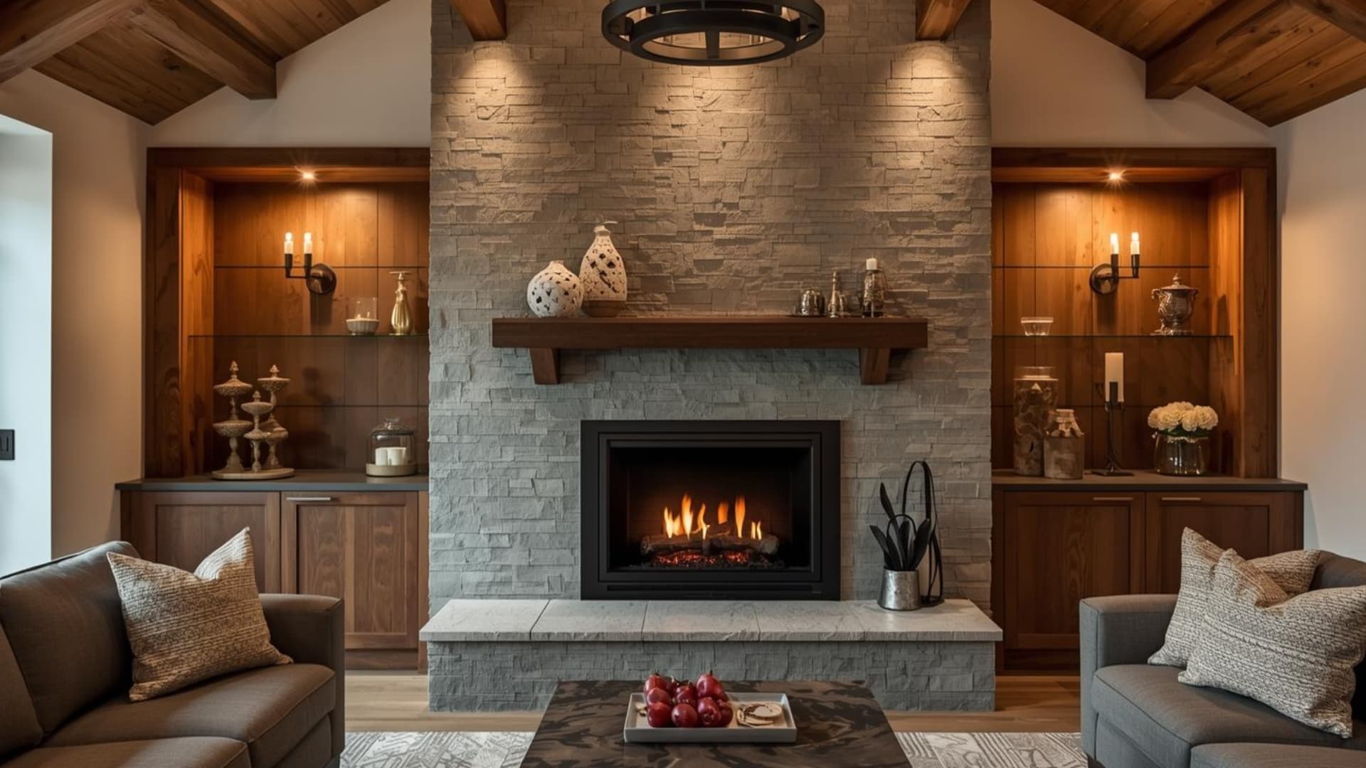 modern living room featuring a stone fireplace, wood-beamed ceilings, warm accent lighting, and elegant built-in timber shelving units