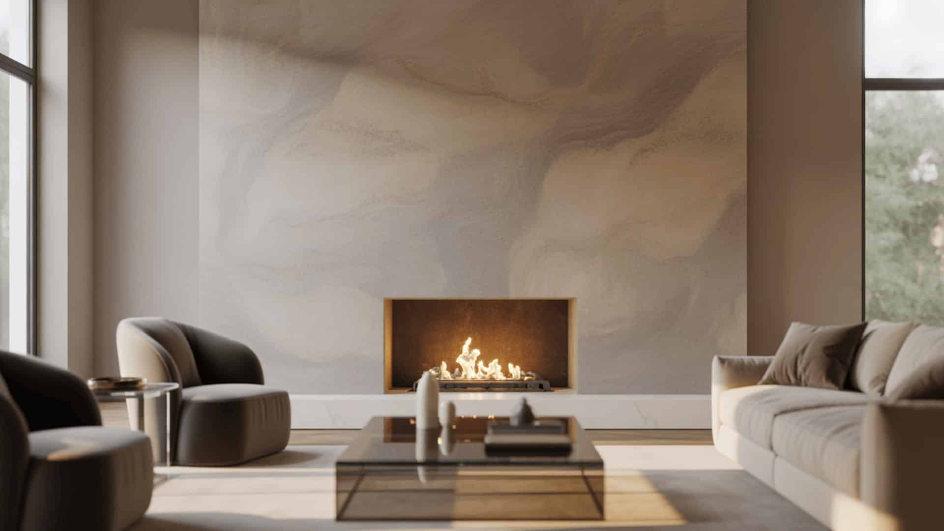 modern living room with a marbled venetian plaster fireplace, sleek furniture, neutral tones, and warm natural light.